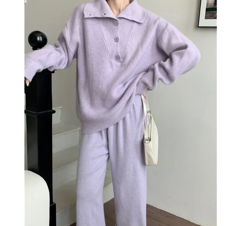 Autumn Winter Knitted Pants Sets Korean Casual Turn Down Collar Knitting Sweater+high Waist Wide Leg Pants Sets Women Tracksuits