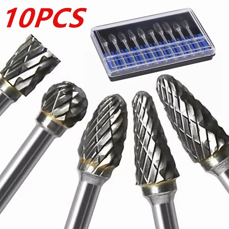 10-teiliges Hartmetall-Frässtift-Set aus Wolframstahl, Doppelschnitt-Rotationsfeile, Fräskopf, Holzbearbeitungs-Schleif- und Schnitzwerkzeug
