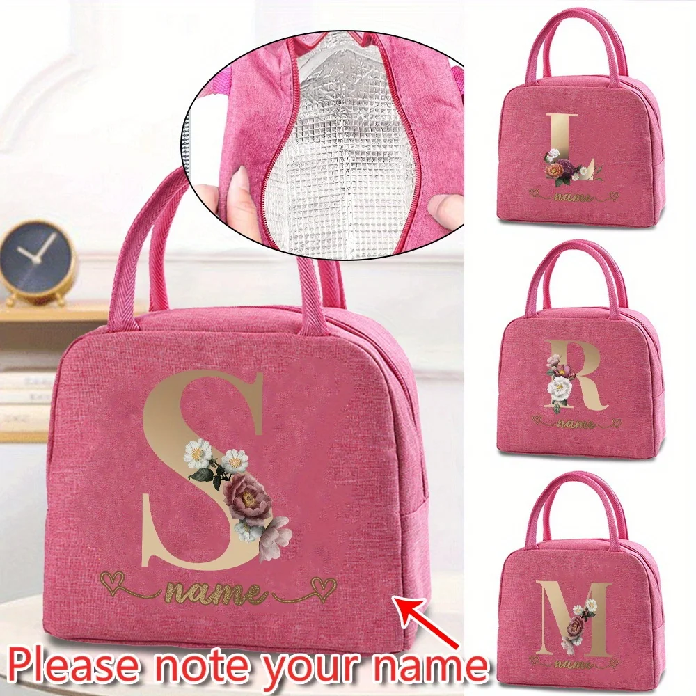 

Customized Pink Insulated Lunch Bag Bento Bag Aluminum Foil Rose Gold Letter Pattern Insulated Lunch Bag