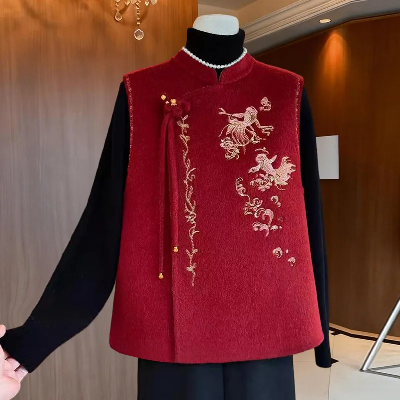 

Новая китайская женская жилетка-кардиган красного цвета для женщин среднего и старшего возраста, весенне-осенняя модная одежда