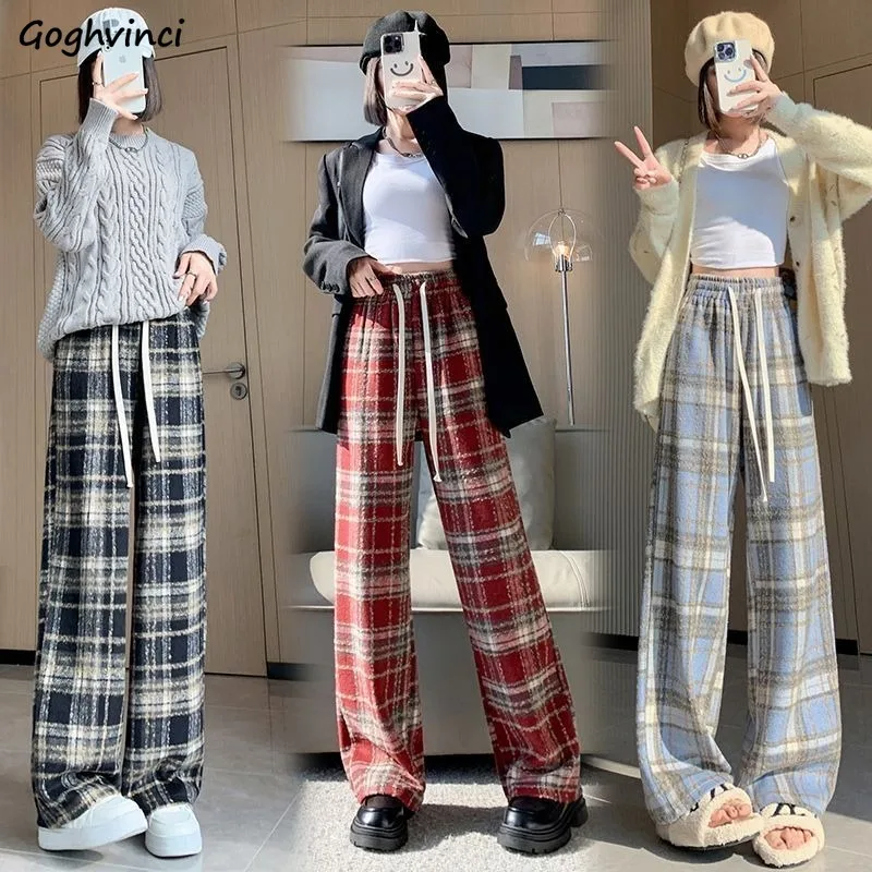 

Vintage Plaid Pants Women High Waist Straight Woolen Wide Leg Trouser Baggy Casual Retro Students Stylish Cozy Harajuku Classic