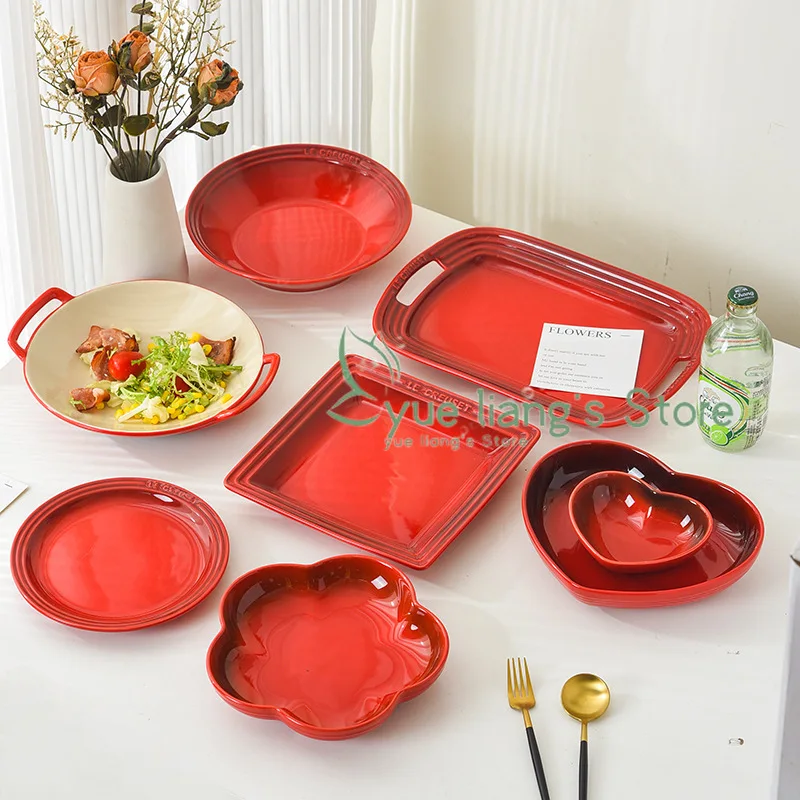 

Red Porcelain Ceramic Dinner Plate,Heart Soup Bowl,Floral Salad Dish,Dinnerware,Microwave,Oven,Dishwasher Safe Kitchen Tableware