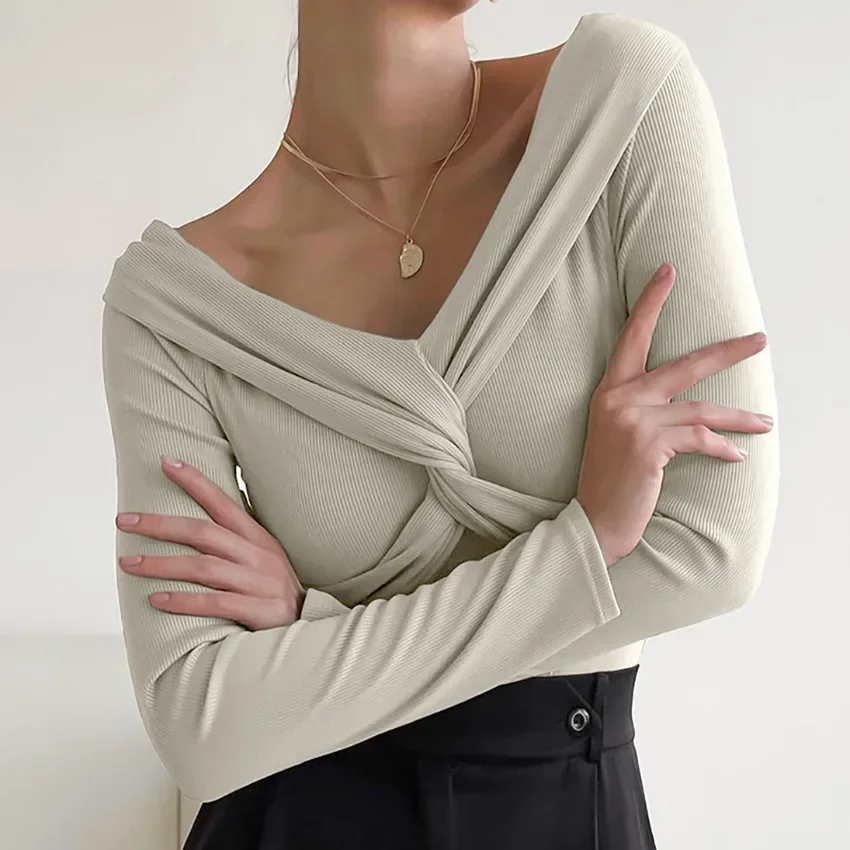 

Overlap Sexy Ribbed Knitted Tees Slash Neck Long Sleeve Inner Autumn Tops Office Lady Cross Khaki Pullover Tops 2023