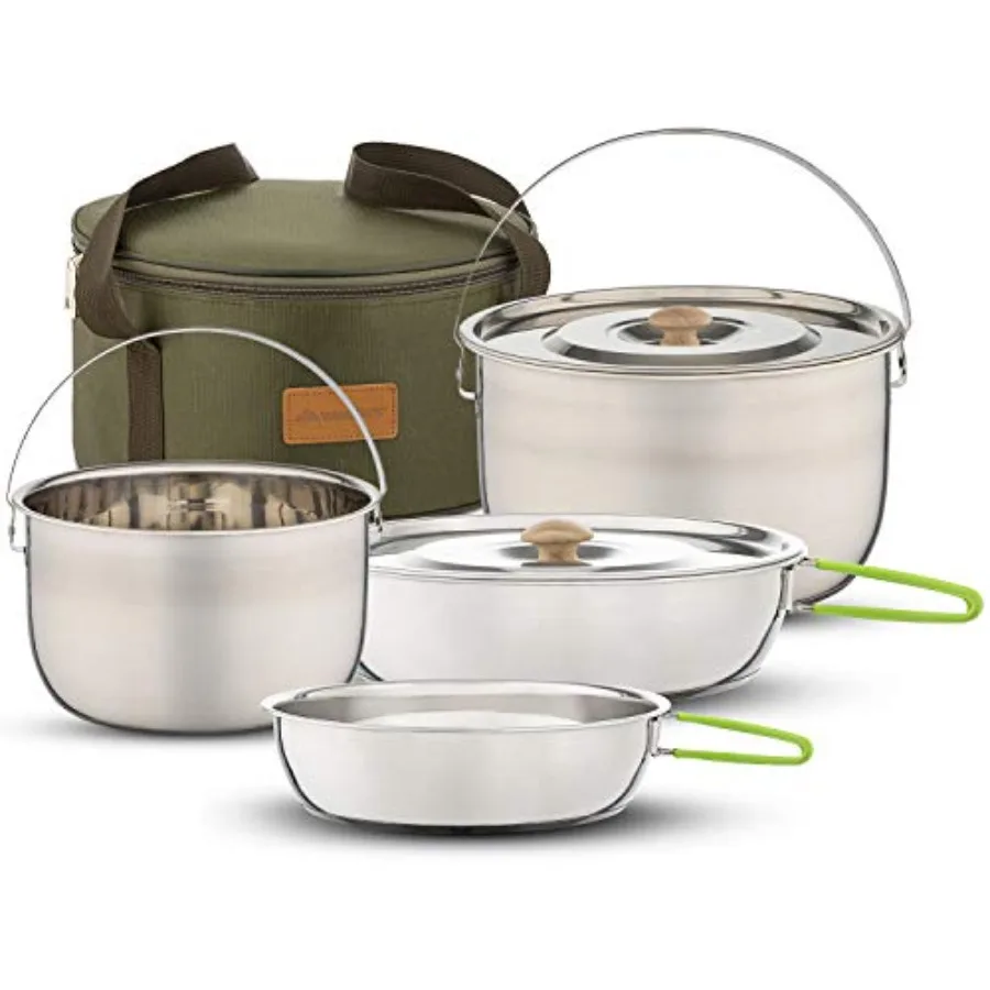 

Camping Cookware Set - Compact Stainless Steel Campfire Cooking Pots and Pans Combo Kit with Travel Tote Bag Rugged Outdoor Coo