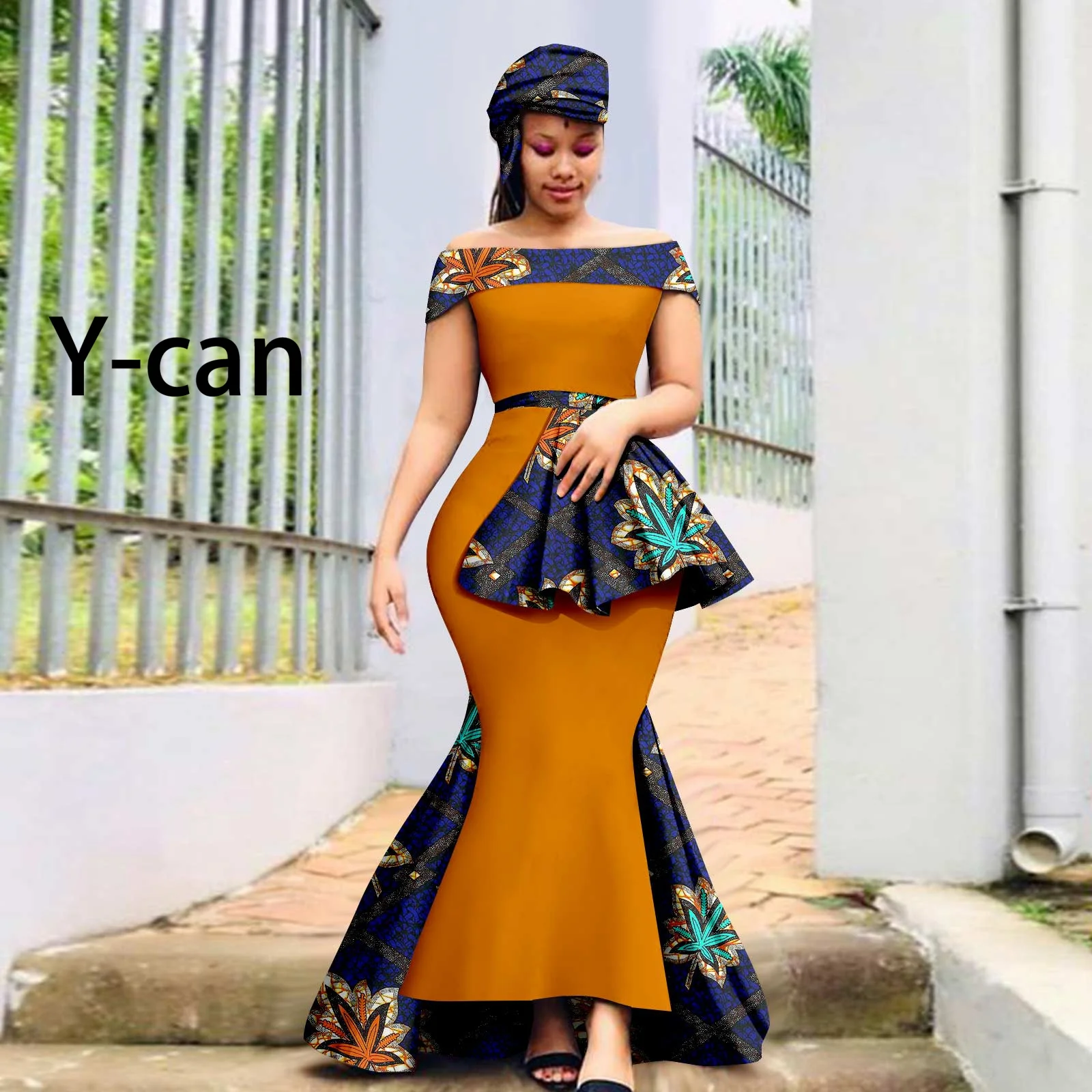 

African Clothes for Women Sexy Ankara Print Strapless Dress Match Headscarf Bazin Riche Dashiki Lady Party Outfits Y2325079