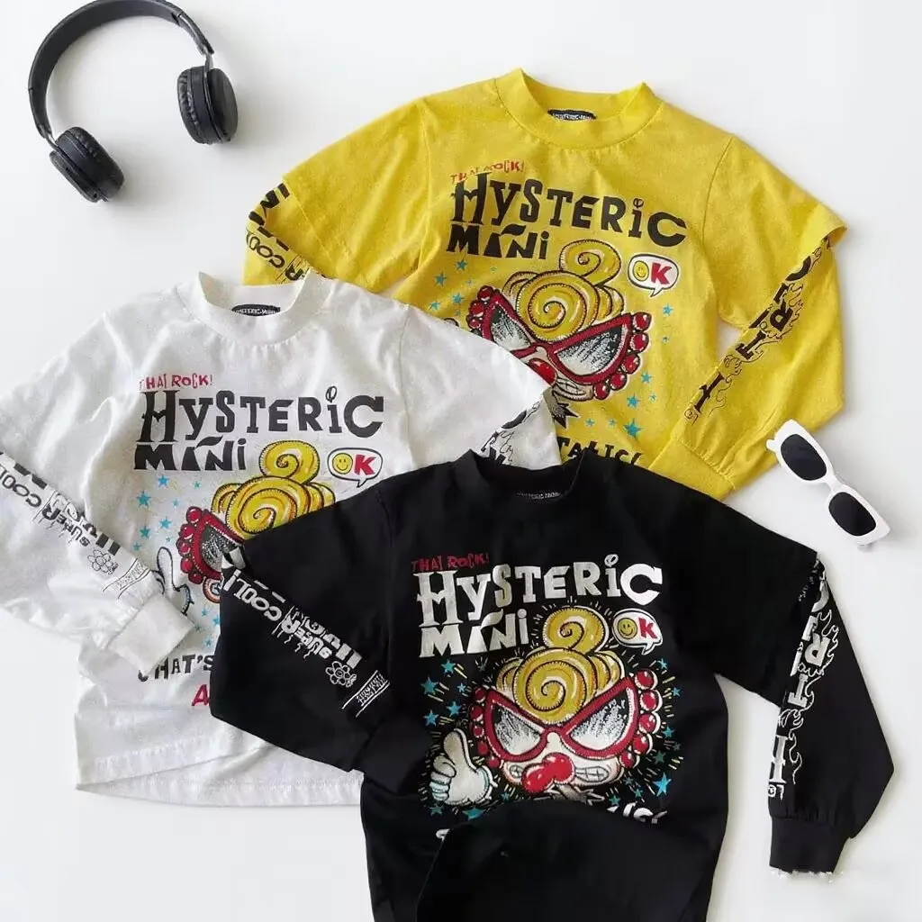 

Japanese Kids' Fake Two-Piece Cotton T-Shirt Hoodie Vintage Graffiti Print Spring Autumn Fashion Top for Children Boys and Girls