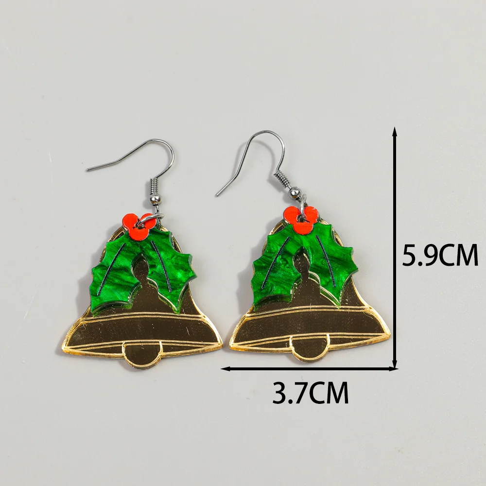 New Christmas Tree Leaves Berry Acrylic Earrings Pendants for Women Gold Color Mirror Jingling Bell Drop Earring Xmas Jewelry