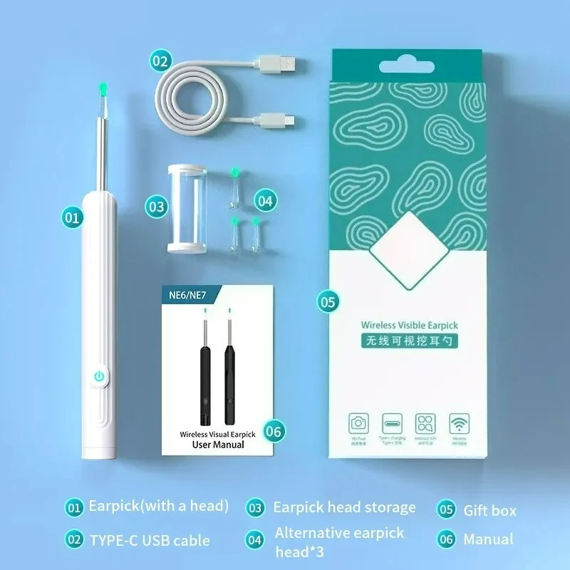 

Smart Visual Ear Cleaner with Camera 1296P Ear Sticks USB C Charging Ear Wax Removal Tool WIFI Connection 6 LED Lights Earpick