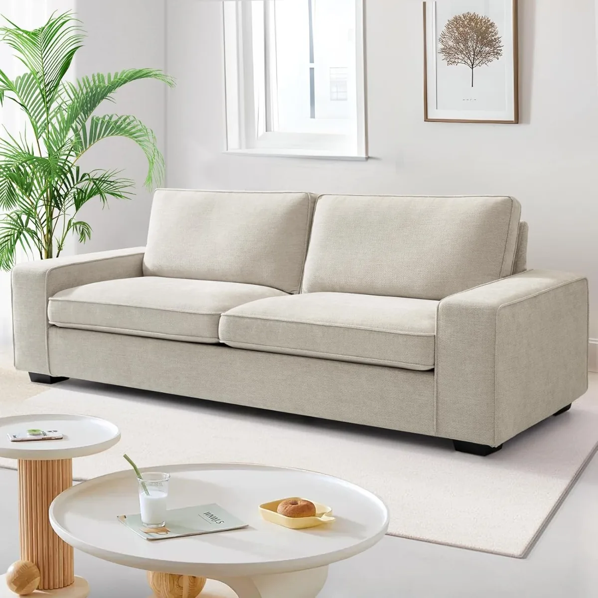 

88 Inch Sofa Chenille Comfy Couches Modern 3 Seater Sofa Living Room Apartment Lounge Beige Sofa with Washable Back and Cushions