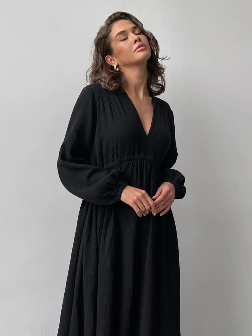 Marthaqiqi Cotton Women'S Nightgowns Long Sleeve Sleepwear Sexy V-Neck Nightwear Mid-Calf Dress New Causal Ladies Home Clothes