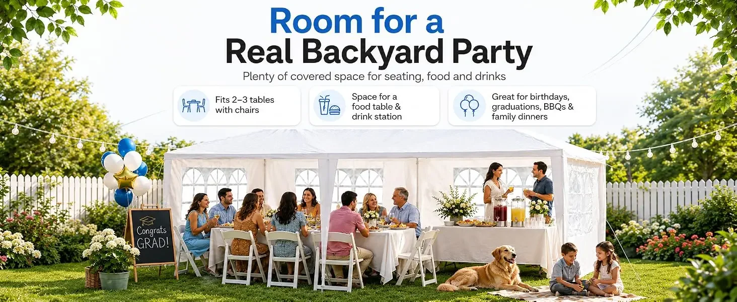 10 X 20 FT Outdoor Party Canopy Tent in White, with Removable Window Sidewalls, Ropes, and Stakes — Ldeal for Backyard Events, Weddings, Graduations, Picnics, and Outdoor Dining.