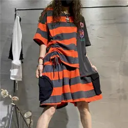 Striped T Shirts Sets Women Fashion Drawstring Design Patchwork Short Sleeve T-shirt and Wide Leg Shorts Oversized Two Piece Set