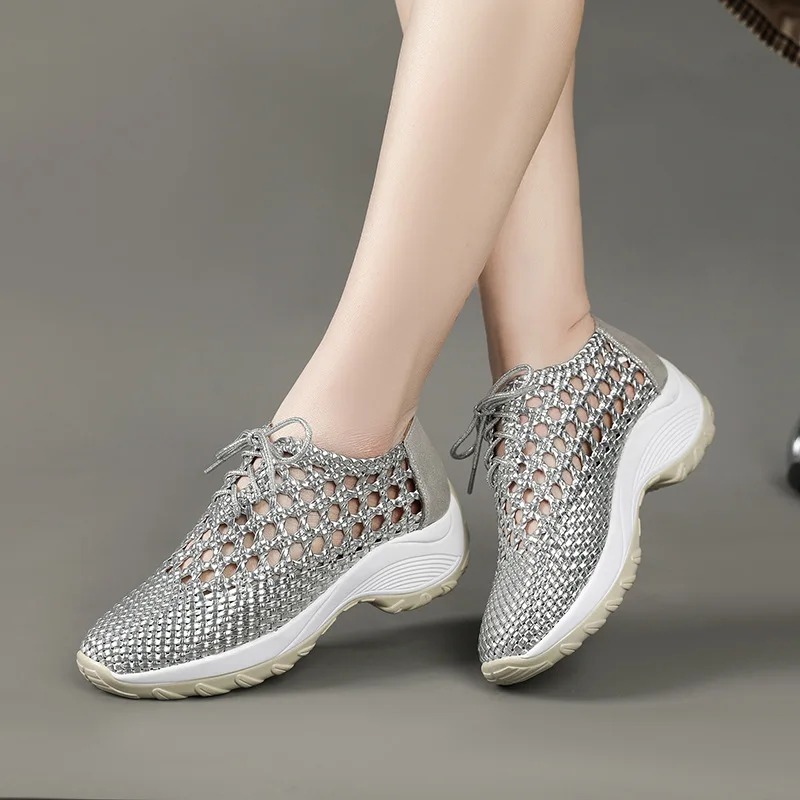 

GKTINOO 2025 Summer Hollow Woven Breathable Shoes Women Sandals Thick Soled Wedges Genuine Leather Shoes Summer Platform Sandals