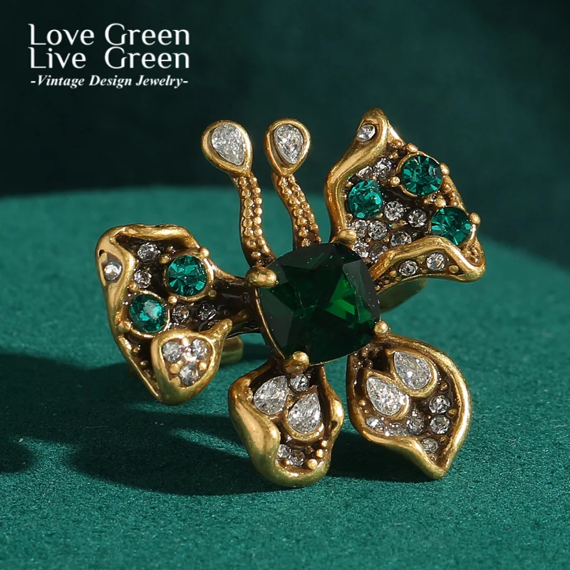 

Emerald Green Crystal Butterfly Rings Adjustable Gold Color Woman Wedding Vintage Antique Accessories Luxury Quality Jewelry