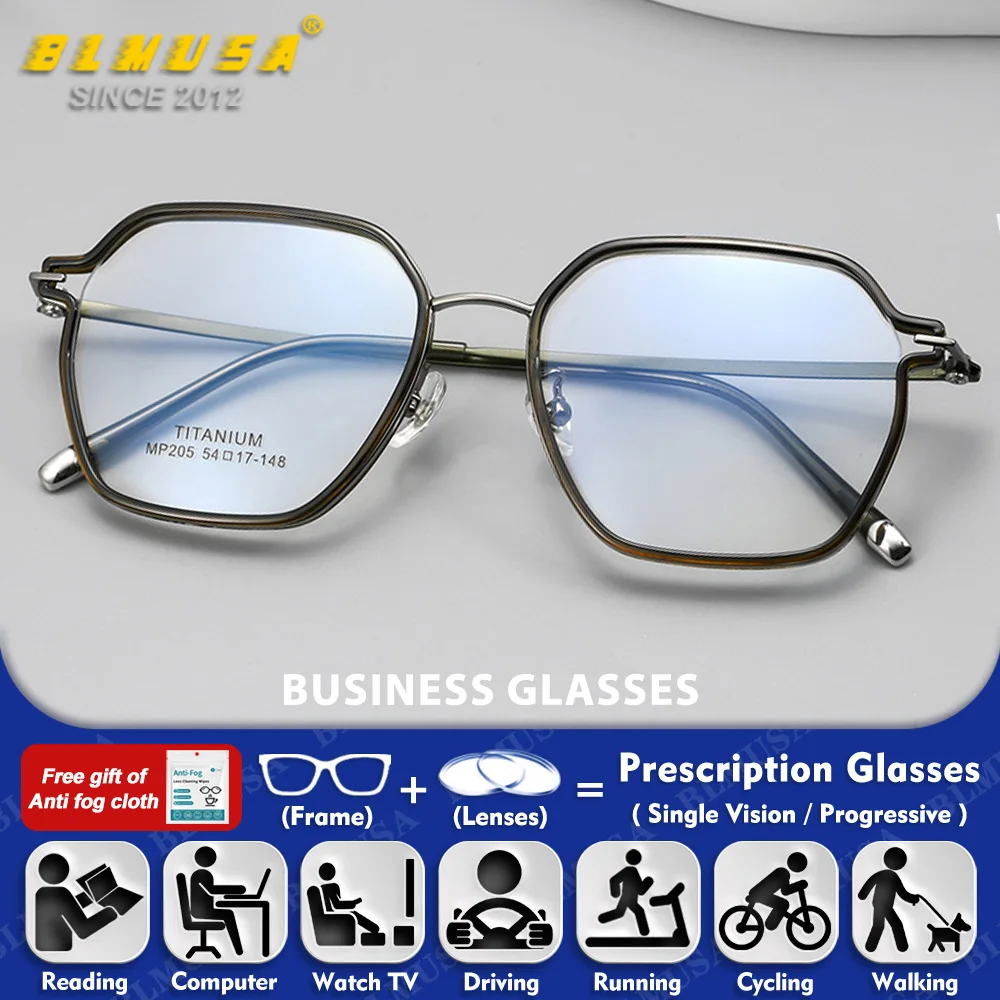 

BLMUSA (L) Simple Ultralight Titanium Myopia Photochromic Prescription Glasses For Men Anti Blue Ray Progressive Reading Eyeware