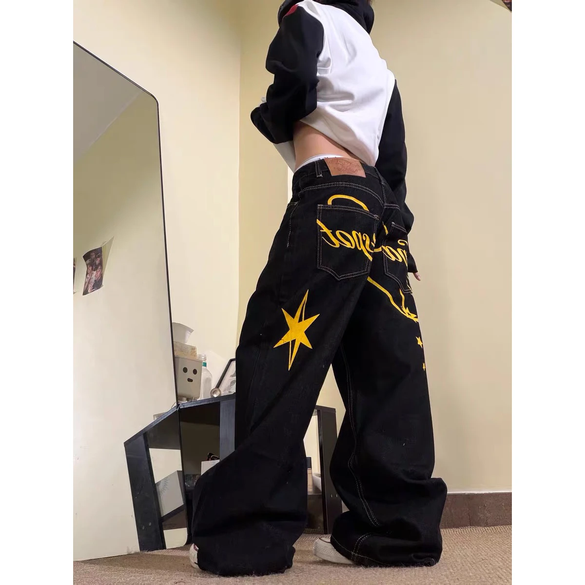 Calças Jeans Americanas Estilo Hip Hop com Estampa INS, Soltas, de Perna Larga, Comprimento Total, para Dança de Rua, para Ho...