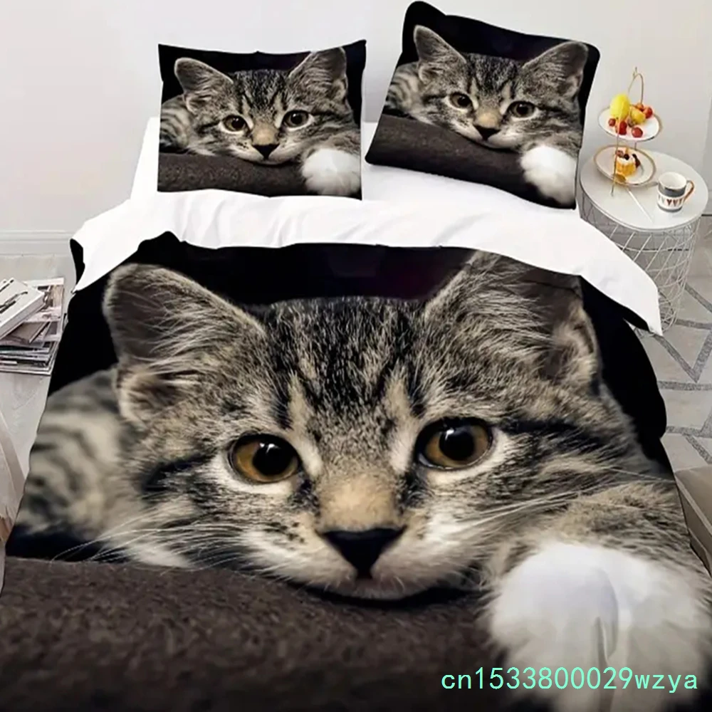 Cute Cat Bedding Set 3D Duvet Cover Set Single Double Twin Full Size Teens Adults Bedclothes Soft Polyester Quilted Bed Covers