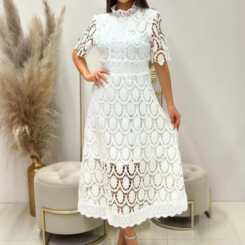 

Fashion Lady Stand Neck Commuter Dress Lace Embroidery Temperament Slim Long Dress 2024 Sexy Hollow Short Sleeve Party Dresses