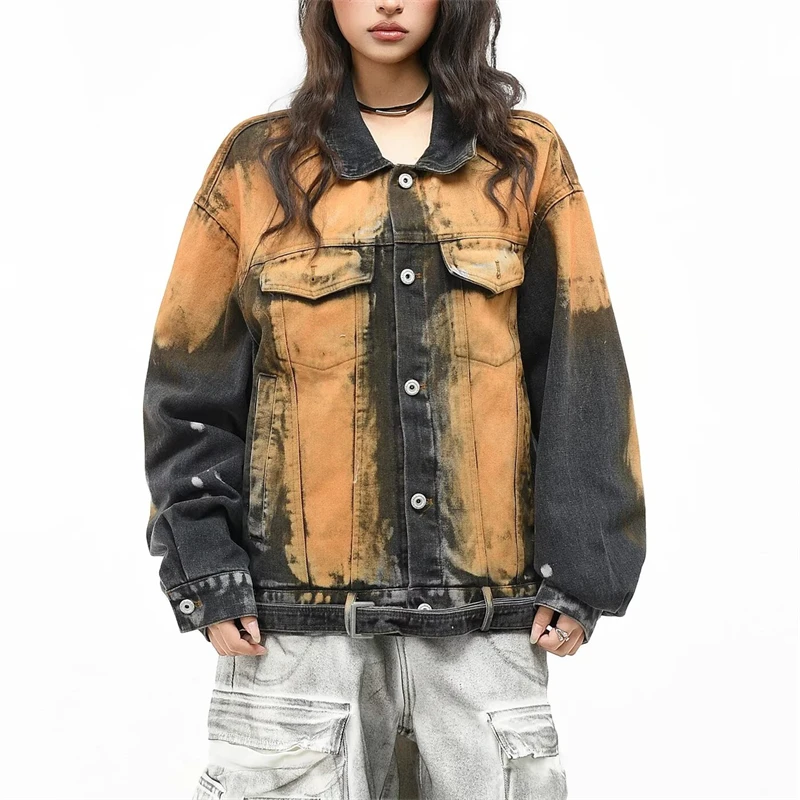 Women's Tie Dye Design Spring Denim Jacket Vintage Long Sleeves Coat Unisex 2000s Clothes Autumn Young Girls Warm Outerwear