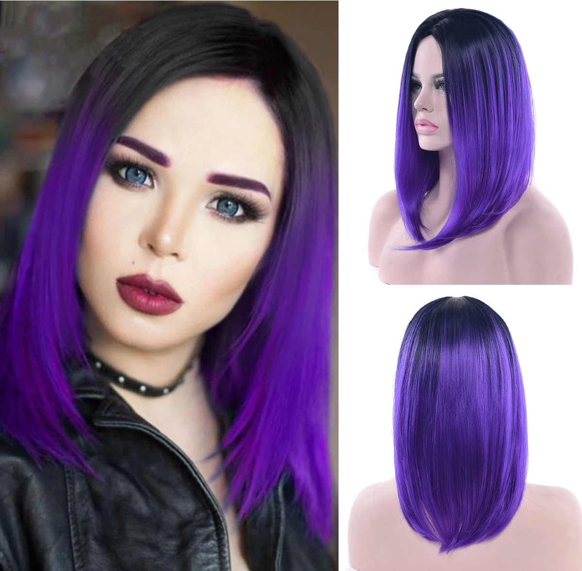 Soowee 10 Colors Synthetic Hair Ombre Purple Hair Bob Style Short Wigs for Women Party Cosplay Wig