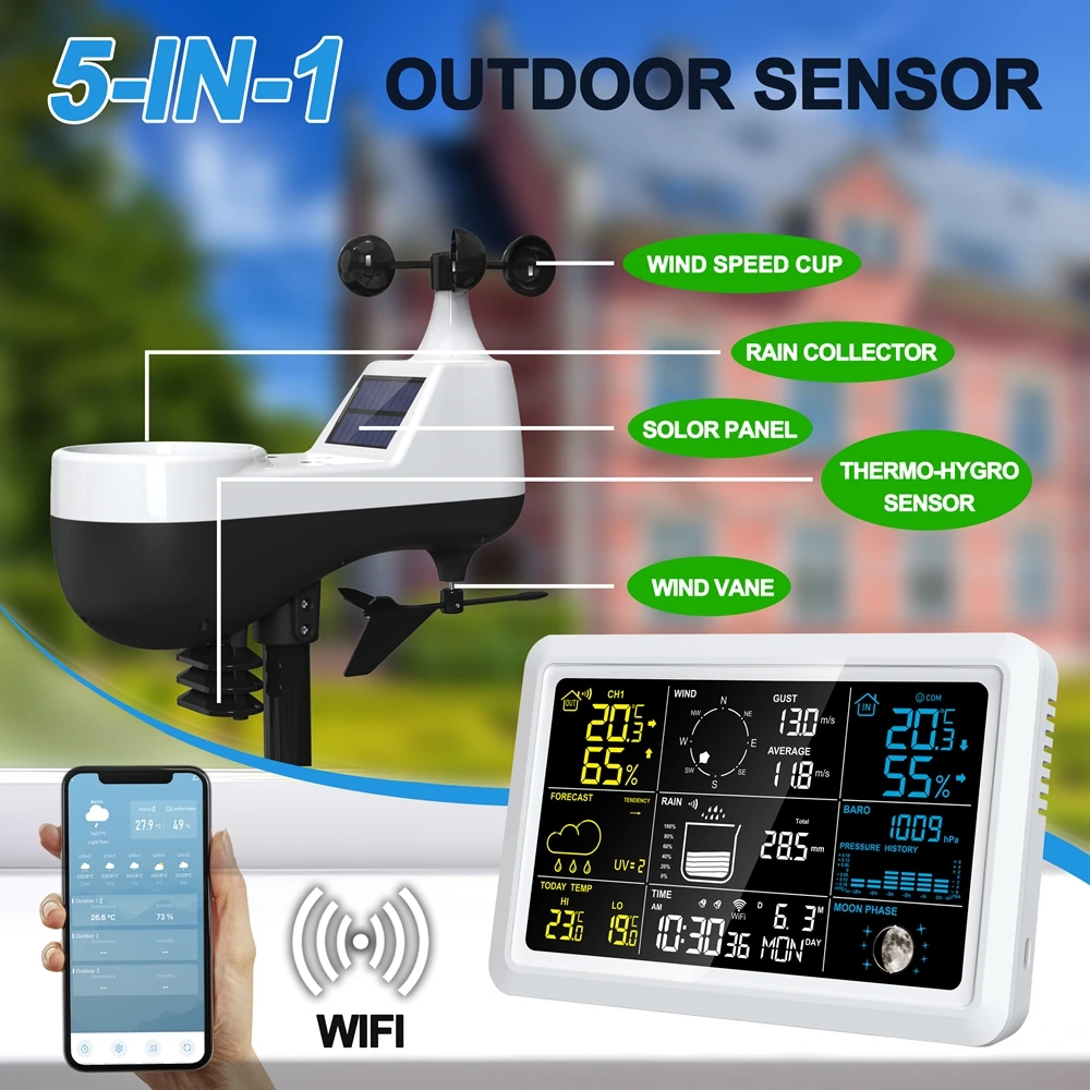 Station météo professionnelle Wifi Tuya, hygromètre, thermomètre, calendrier automatique, réveil, capteur de prévisions UV, vent, pluie et précipitations