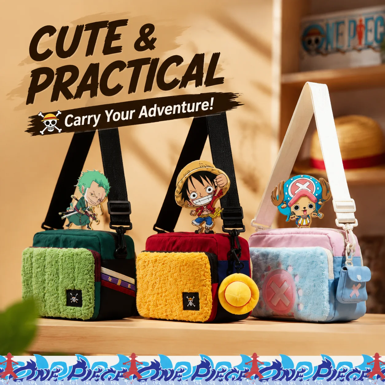 Offizielle One Piece Anime Schultertasche Luffy Zoro Chopper Umhängetasche Wasserdichte Reisetasche für Fans Sammlerstück Geschenk.