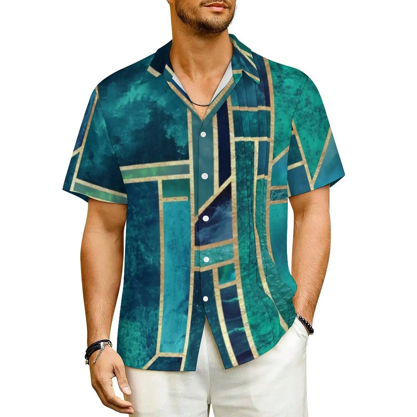 

Hawaiian Shirt Beach Abstract Geometry Blouses Blue Skies Print Vintage Casual Shirts Male Short Sleeve Streetwear Oversize Tops