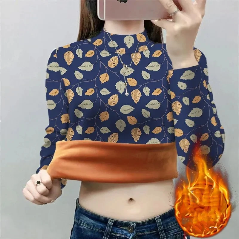 Women's Autumn Winter High Neck Printed Crop Top Casual Slim Fit Long Sleeve T-Shirt With Leaf Pattern