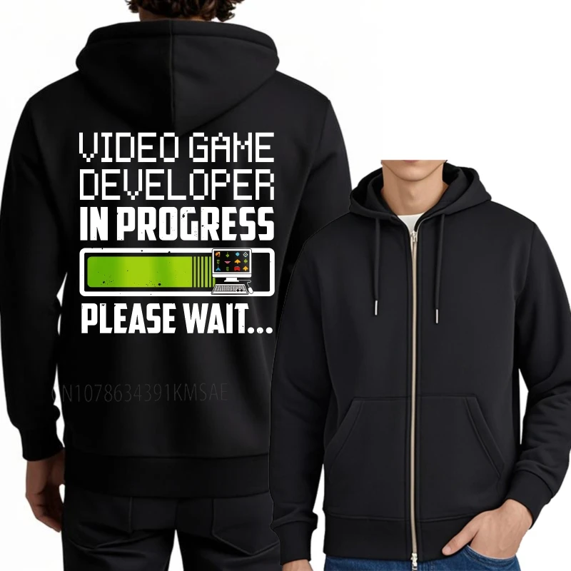 Treino feminino primavera moletom com capuz desenvolvedor de videogame em progresso por favor espere casual zip-up moletom feminino na moda primavera