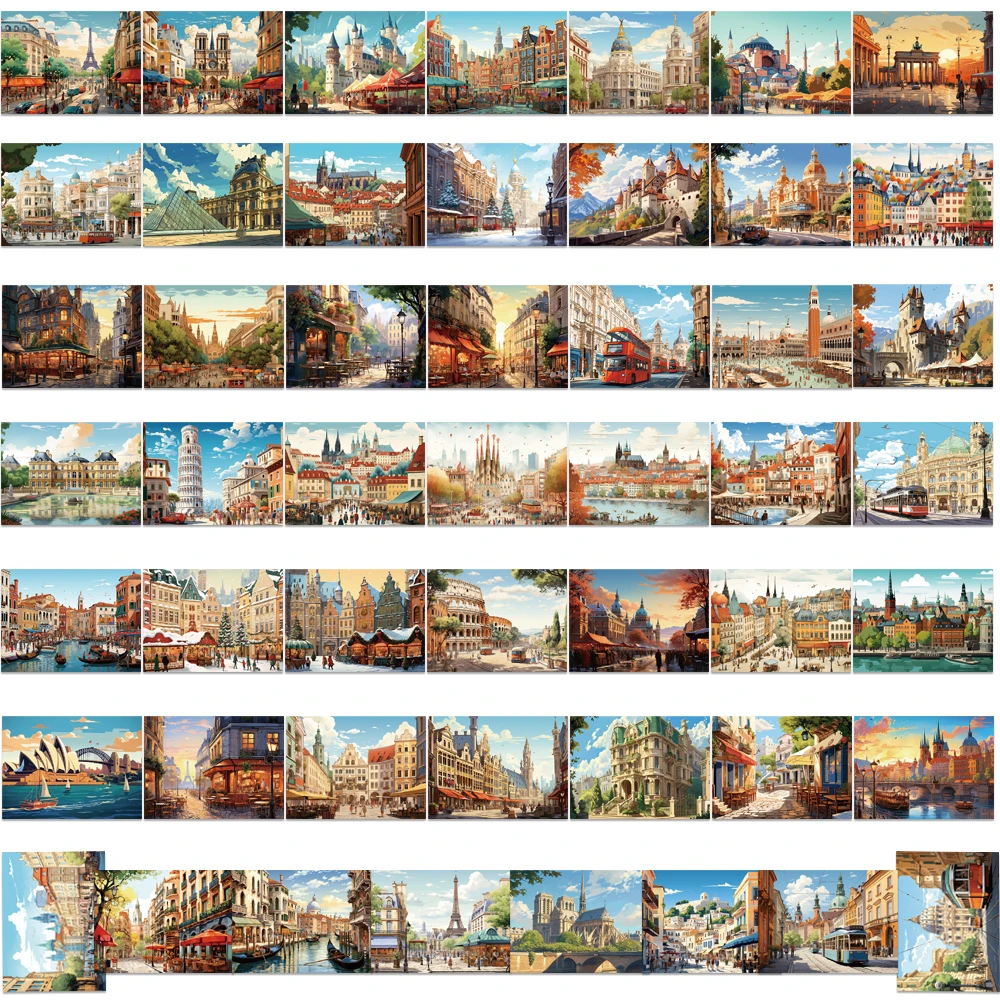 50pcs Cartoon European architecture Stickers Decal For Luggage Laptop Phone Graffiti Waterproof Sticker Gifts for Adults Kids