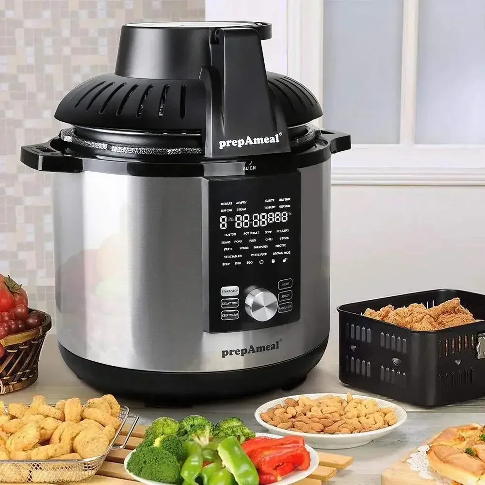 

8Qt Pressure Cooker & Air Fryer Combo with Pressure Lid and Air-Fry Lid - 7-in-1 cooking Modes, Easy Read LCD Display, 27 Preset