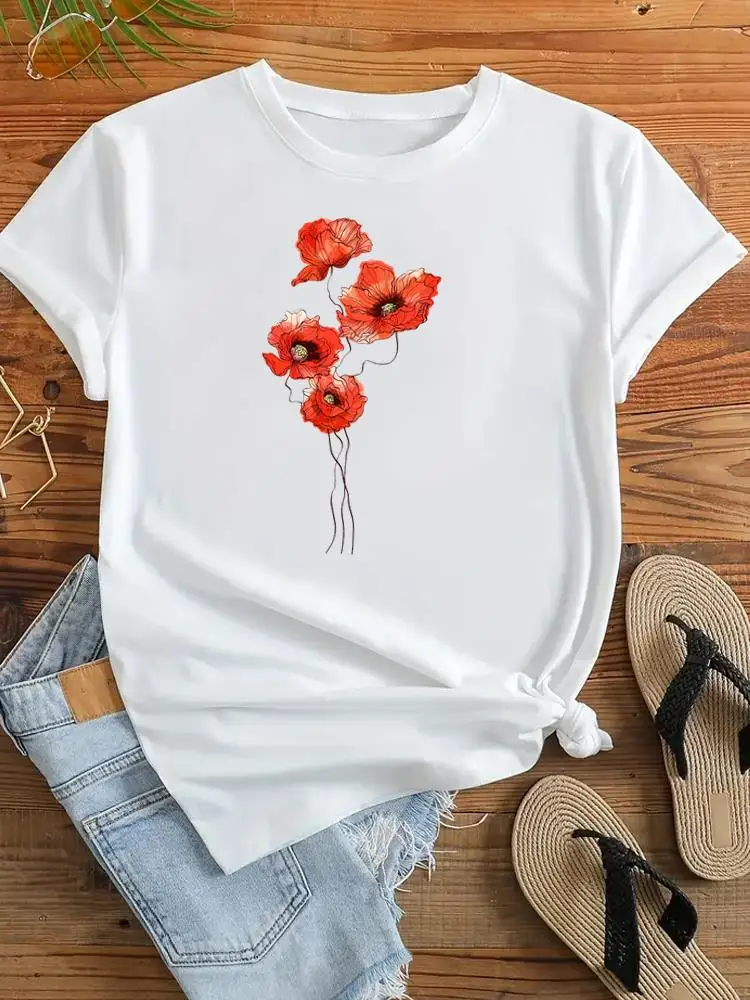 

Fashion T Shirt Short Sleeve Graphic T-shirt Women Flower Sweet Trend Cute 90s Female Clothes Print Top Ladies Clothing Tee