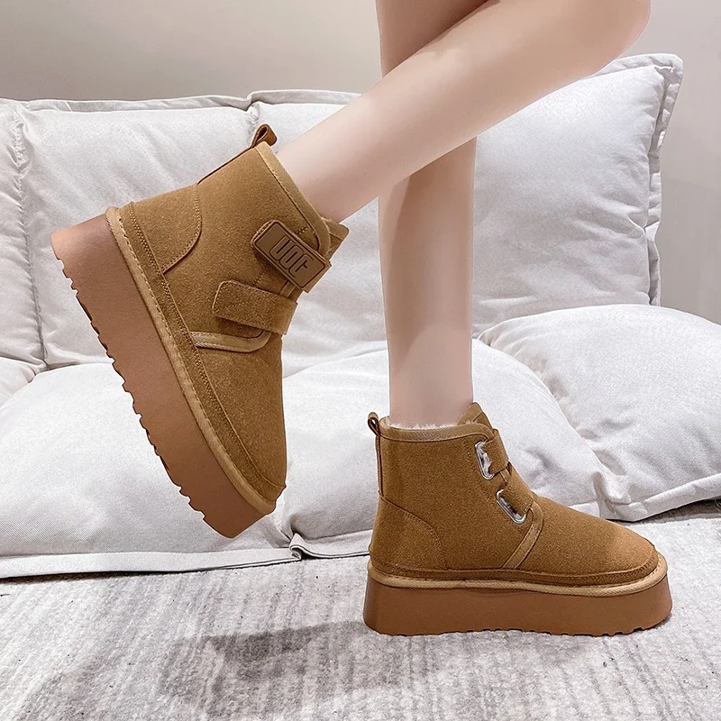 Winter Outdoor Women\'s Faux Cow Suede Plush Warm Shoes Fashion Snow Boots Girls Flat Platform Booties Casual Thick Sole Sneakers