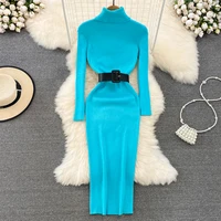 REALEFT Autumn Winter 2025 New Turtleneck Women's Knitted Dresses with Belted Long Sleeve Elegant Bodycon Wrap Dress Female - Image 4
