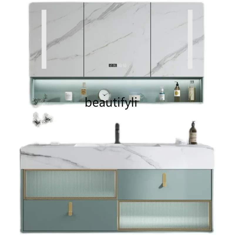 

Smart Bathroom Cabinet Combination Designer Bathroom Stone Plate Solid Wood Light Luxury Wash Basin Washstand