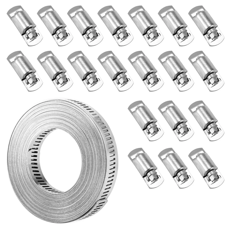 

AUAU-Hose Clamps 20FT Metal Strap+20 Fasteners DIY Cut-To-Fit Stainless Steel Band Clamps Adjustable Large Worm