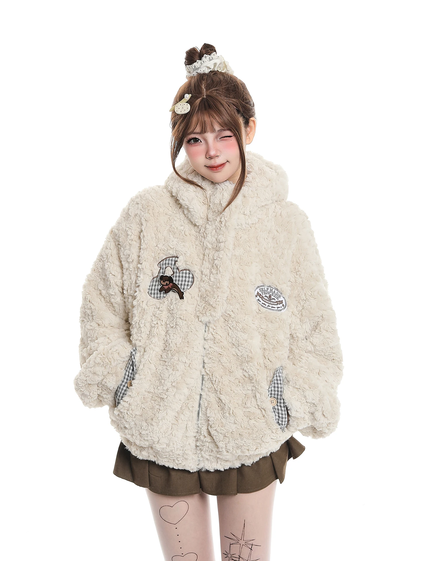 Cute Rabbit Ear Lamb Fur Cotton Jacket Women's Winter Loose Soft Fluffy Hooded Cotton Coat Outerwear Sweet Style Long Sleeve