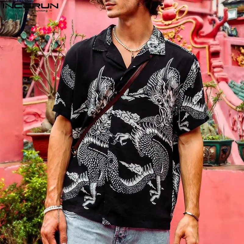 

INCERUN 2024 Men Shirt Printing Lapel Short Sleeve Casual Camisas Streetwear Vacation Summer Fashion Male Hawaiian Shirts S-5XL