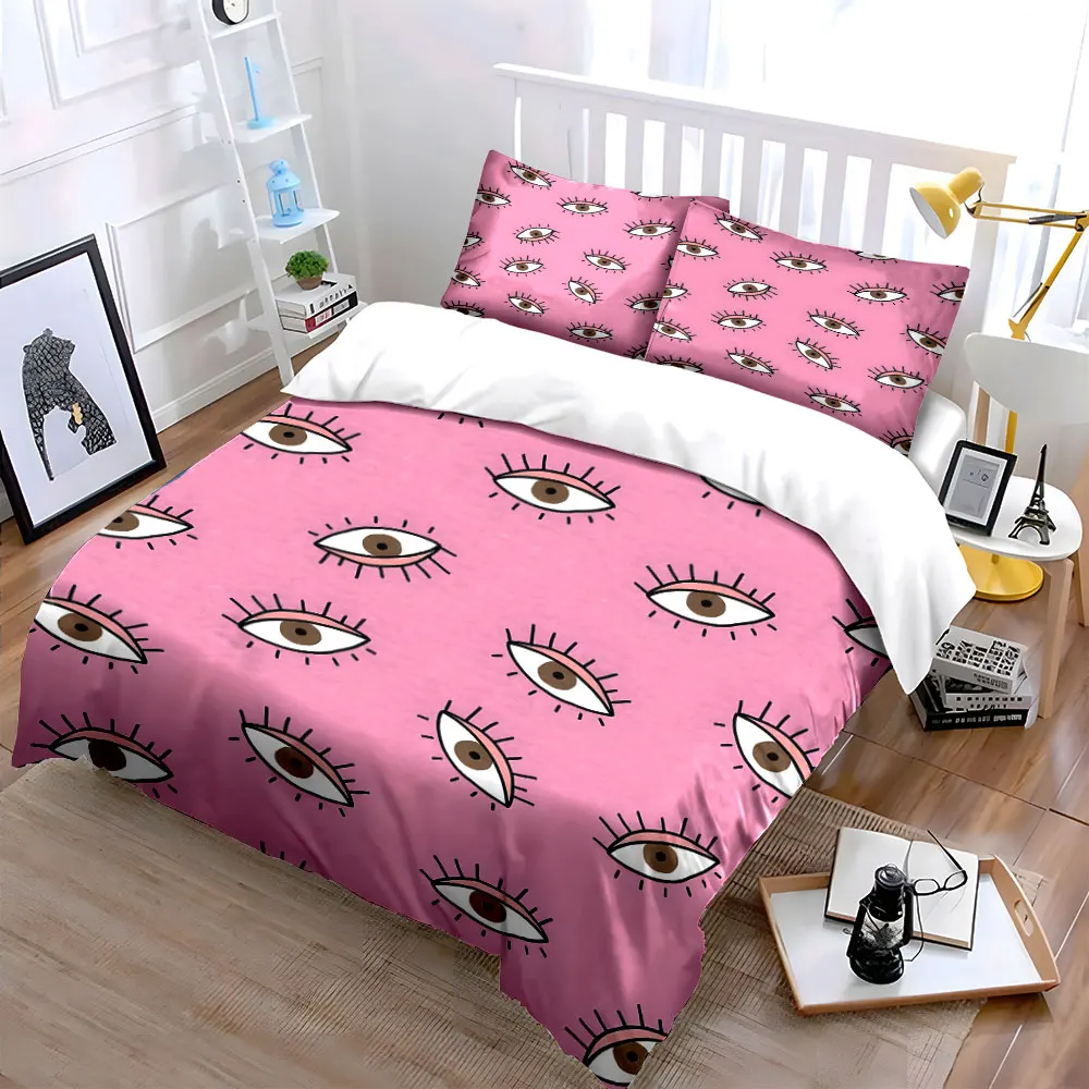 Cartoon eye patterns on pink background Duvet Cover Set with 3D Printing Design Soft Polyester Bedding Set All-Season Comfort