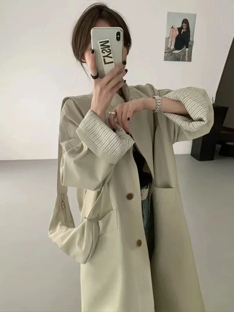 Beige Striped Women's Long Stand Collar Windbreaker Spring Autumn New Style Korean Style Small Size Fashion Outerwear Coat