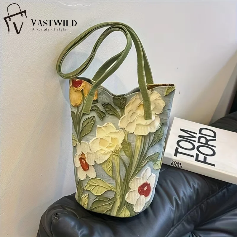 

Large Capacity Summer Floral Oxford Bucket Bag Casual Fashionable Shoulder Bag with Oil Painting Flower Design Women's Handbag