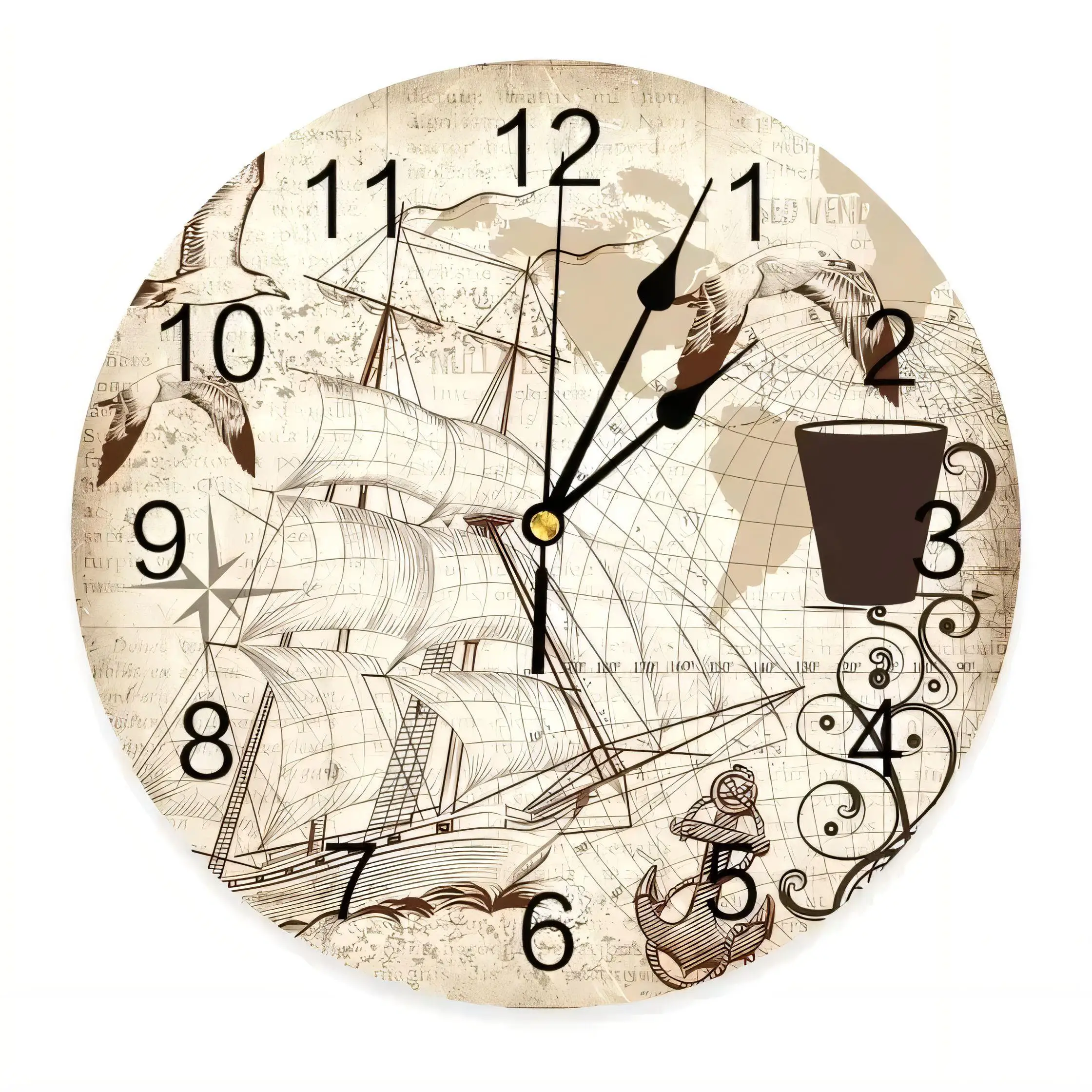 Vintage Nautical Wall Clock  with Sailing Ship Compass Coffee Cup Decor for Coastal Home Office Silent Battery Operated