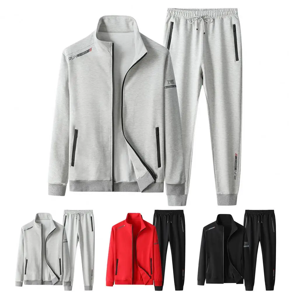 Men Fall Sports Suit Mid-aged Men's Casual Tracksuit Set with Stand Collar Zipper Closure Elastic Waist for Sports for Comfort