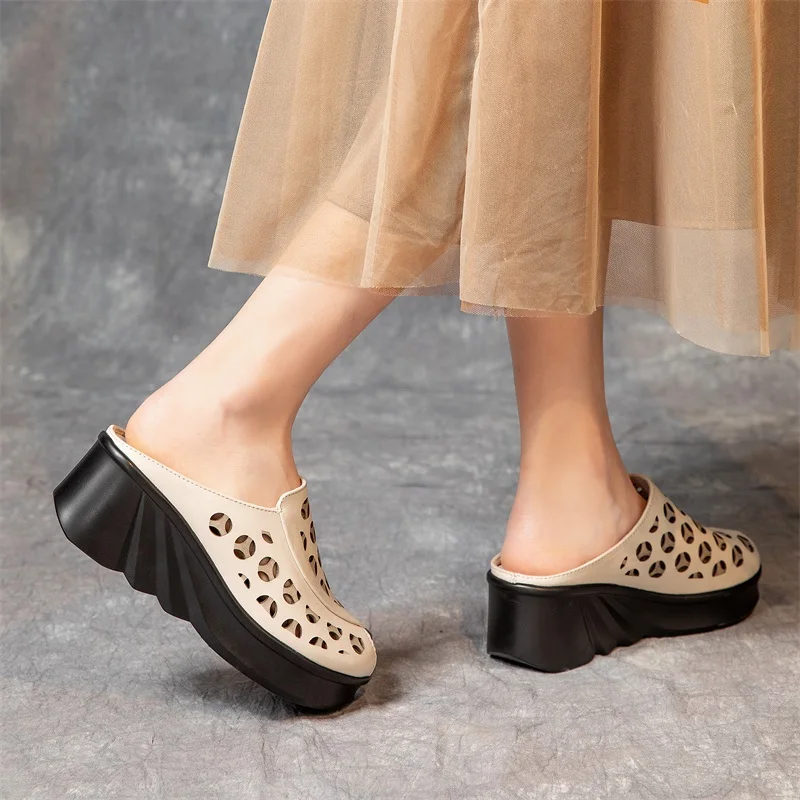 GKTINOO 2024 Fashion Cut-outs Women Shoes Slippers Summer Peep Toe Wedge Sandals Genuine Leather Lady Slides Shoes Woman