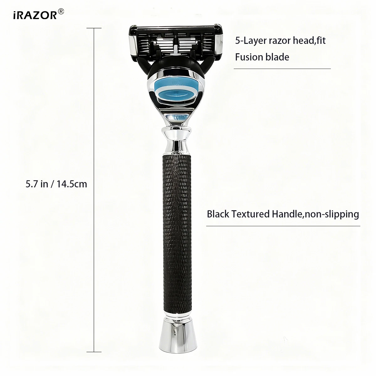 iRAZOR Professional 5-Blade Manual Cartridge Razor for Men,Black Textured Handle,Smooth Close Beard Shaver Grooming Tool Gift