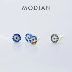 Modian Genuine Fashion 925 Sterling Silver Blue Zirconia Eyes Stud Earrings for Women Cute Luxury Gold Color Korean Jewelry