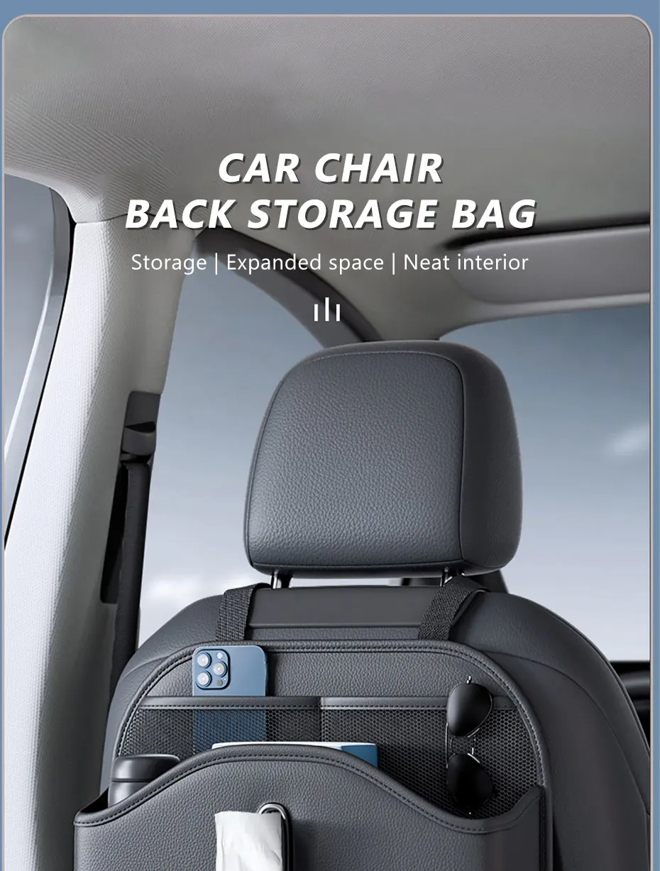 SEAMETAL PU Leder Auto Sitz Zurück Organizer Multifunktionale Auto Sitz Kopfstütze Hängende Lagerung Tasche Mit Tissue Box Getränke Halter – Detail 1