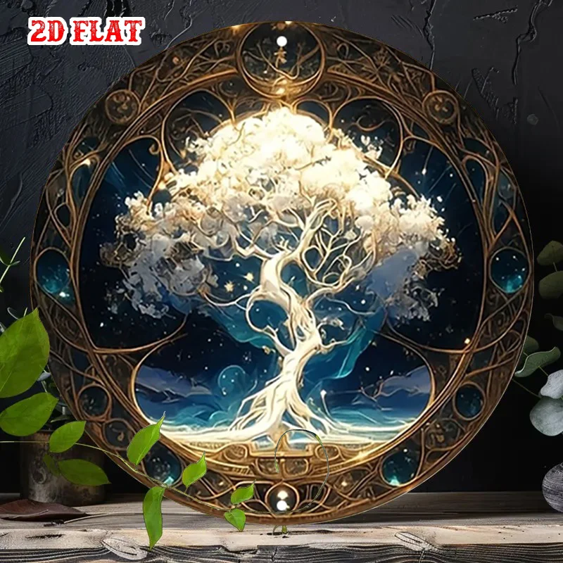 2D Flat Cosmic Round Aluminum Sign Featuring The Tree of Life, Perfect for Spiritual Rustic Wall Decoration. Celestial Metal Art