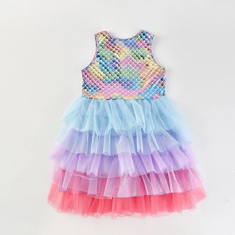 Kinder Regenbogen Meerjungfrau Tutu-Kleid Ärmellos Pailletten Mehrschichtiges Tüll Prinzessin Geburtstagsparty Kostüm Kleid – Detail 3