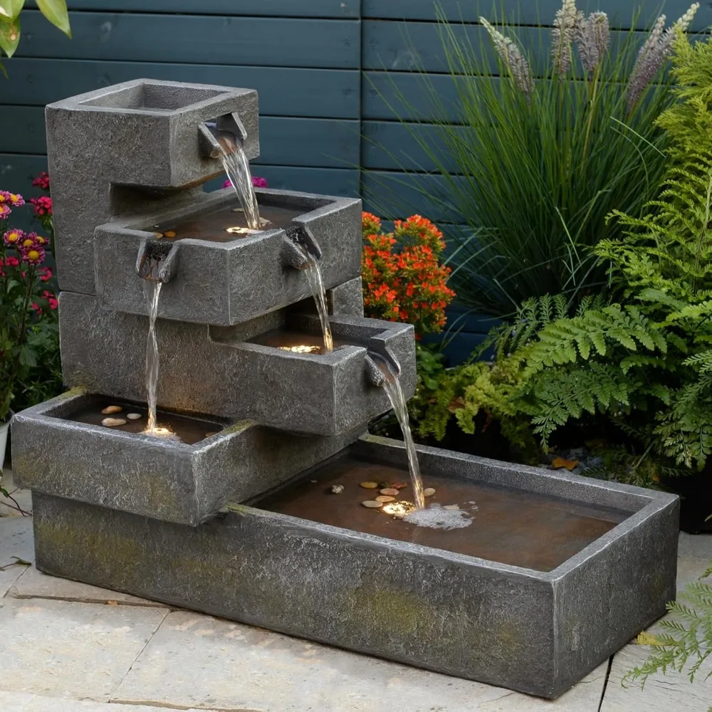 

Tiered Water Fountain Outdoor Garden - Waterfall Indoor Freestanding Cascade Fountain Concrete Artistry Modern Style with LED Li